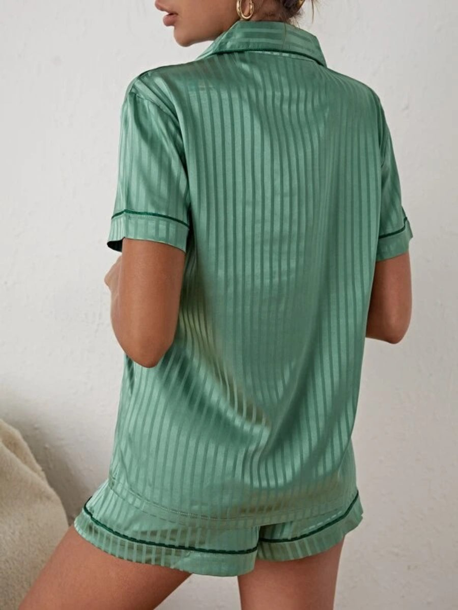 Striped Contrast Piping Satin Shorts Set-Soco Hoodie