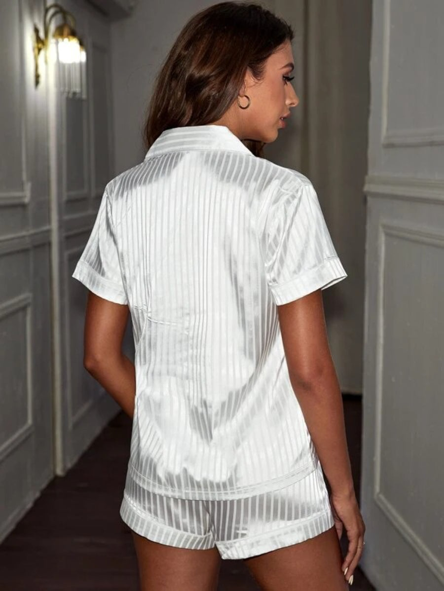 Striped Contrast Piping Satin Shorts Set-Soco Hoodie