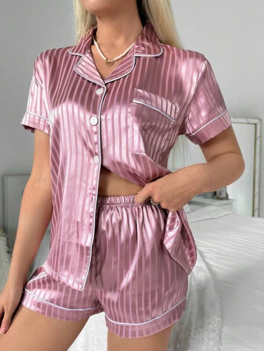 Striped Contrast Piping Satin Shorts Set-Soco Hoodie
