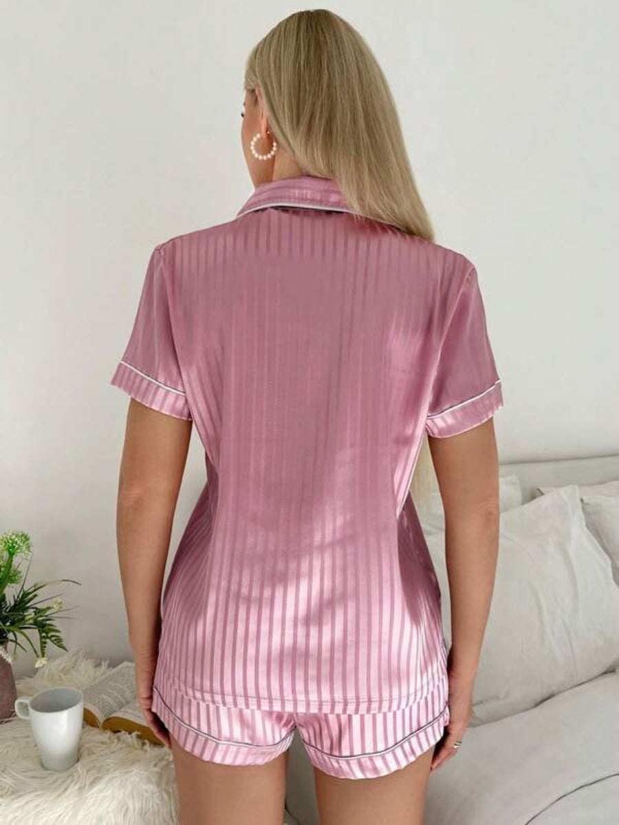 Striped Contrast Piping Satin Shorts Set-Soco Hoodie