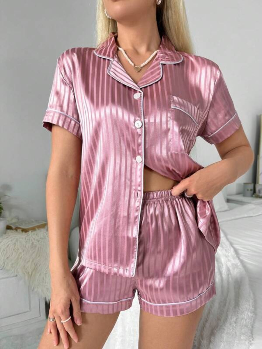 Striped Contrast Piping Satin Shorts Set-Soco Hoodie