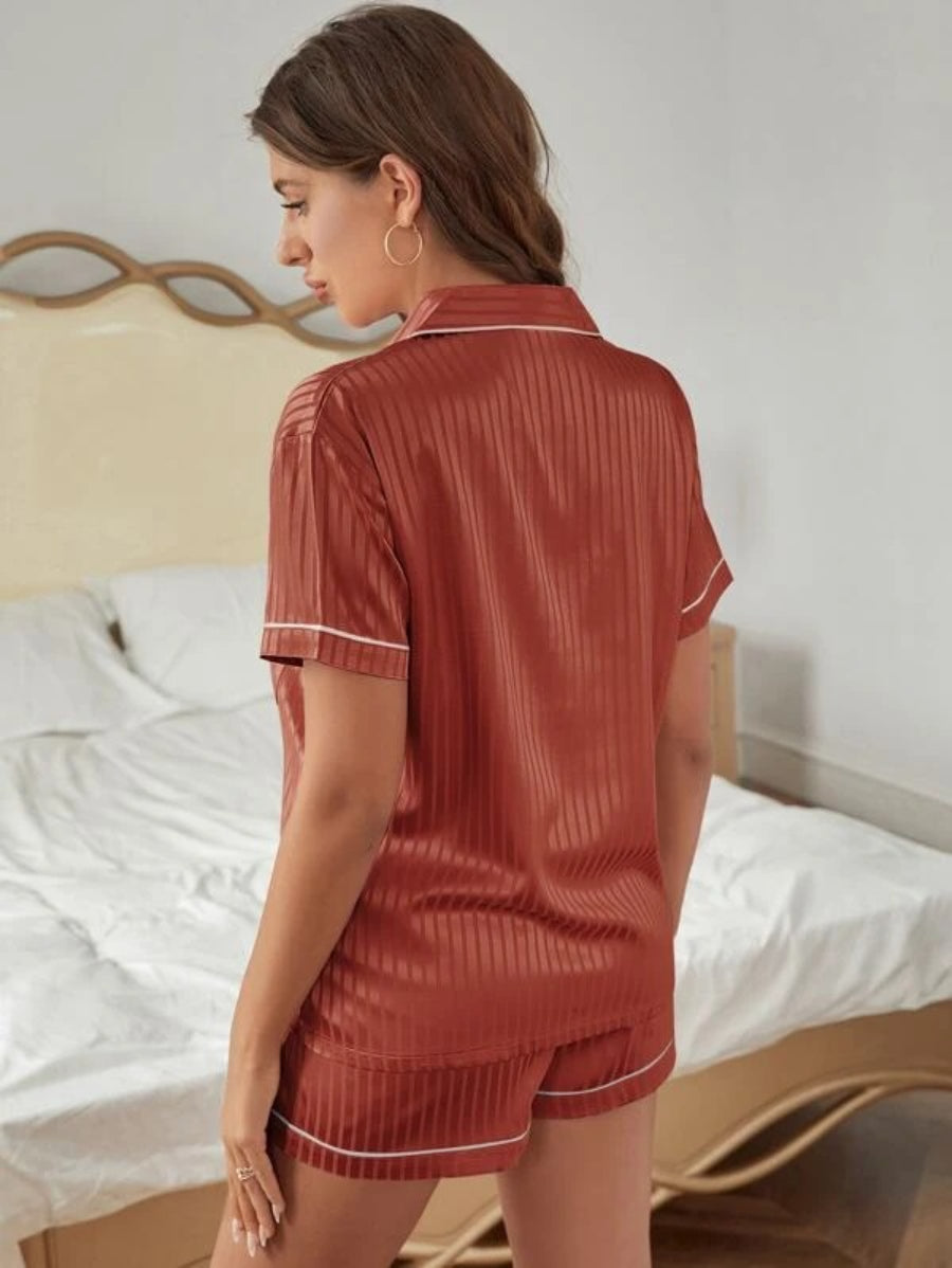 Striped Contrast Piping Satin Shorts Set-Soco Hoodie