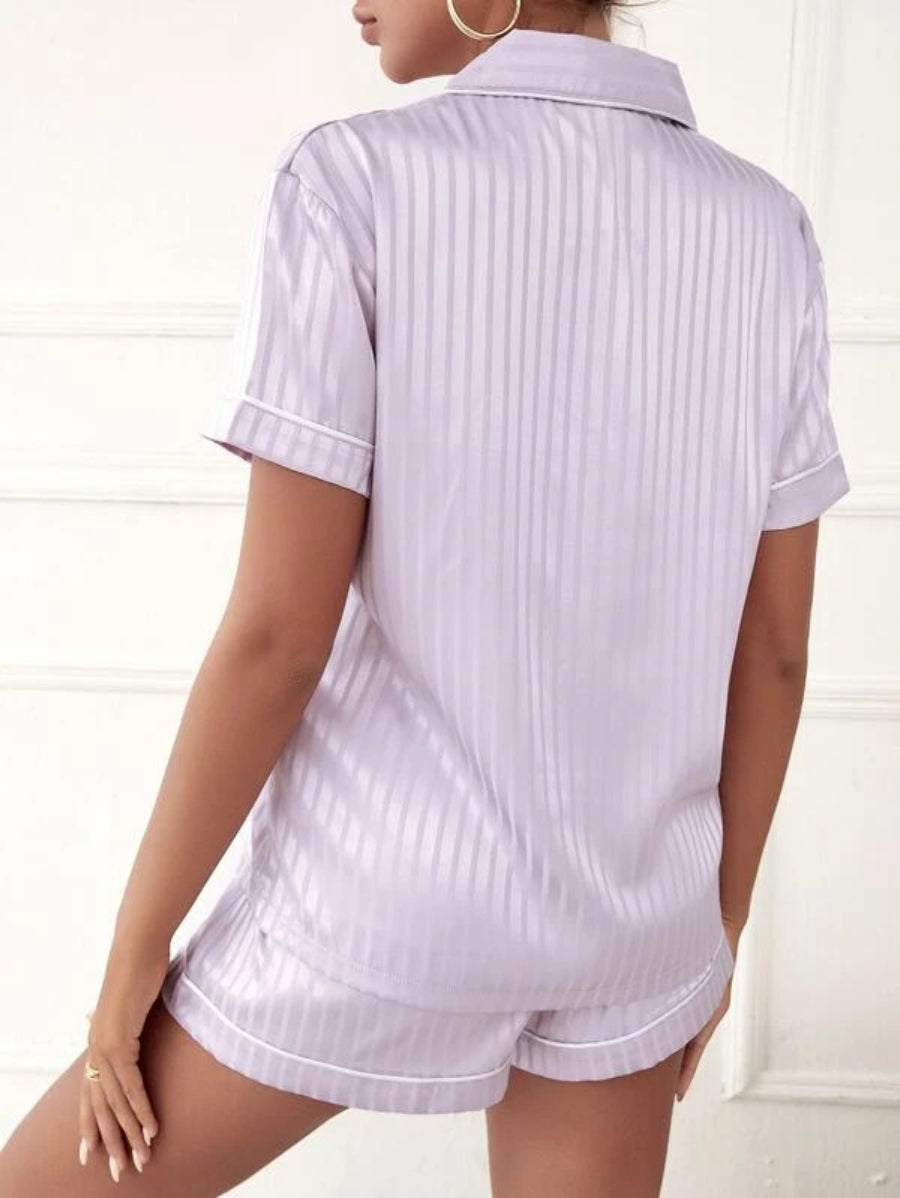 Striped Contrast Piping Satin Shorts Set-Soco Hoodie