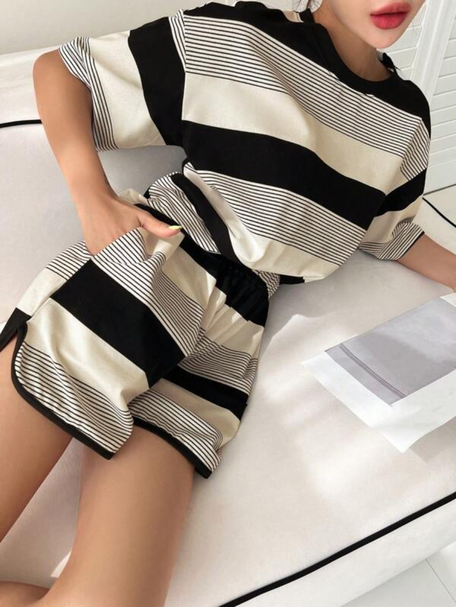 Striped Pattern Block Lounge Set-Soco Hoodie