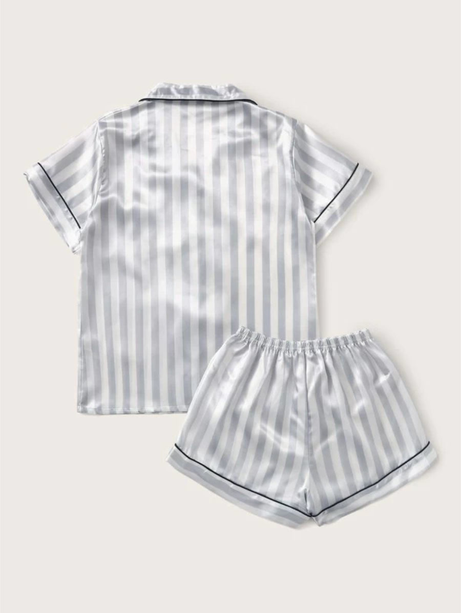 Striped Piping Trim Pocket Front Satin Set-Soco Hoodie