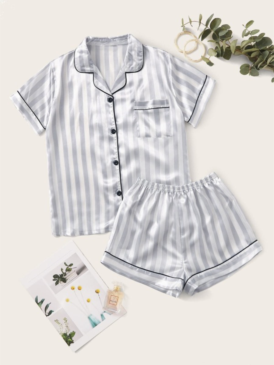 Striped Piping Trim Pocket Front Satin Set-Soco Hoodie