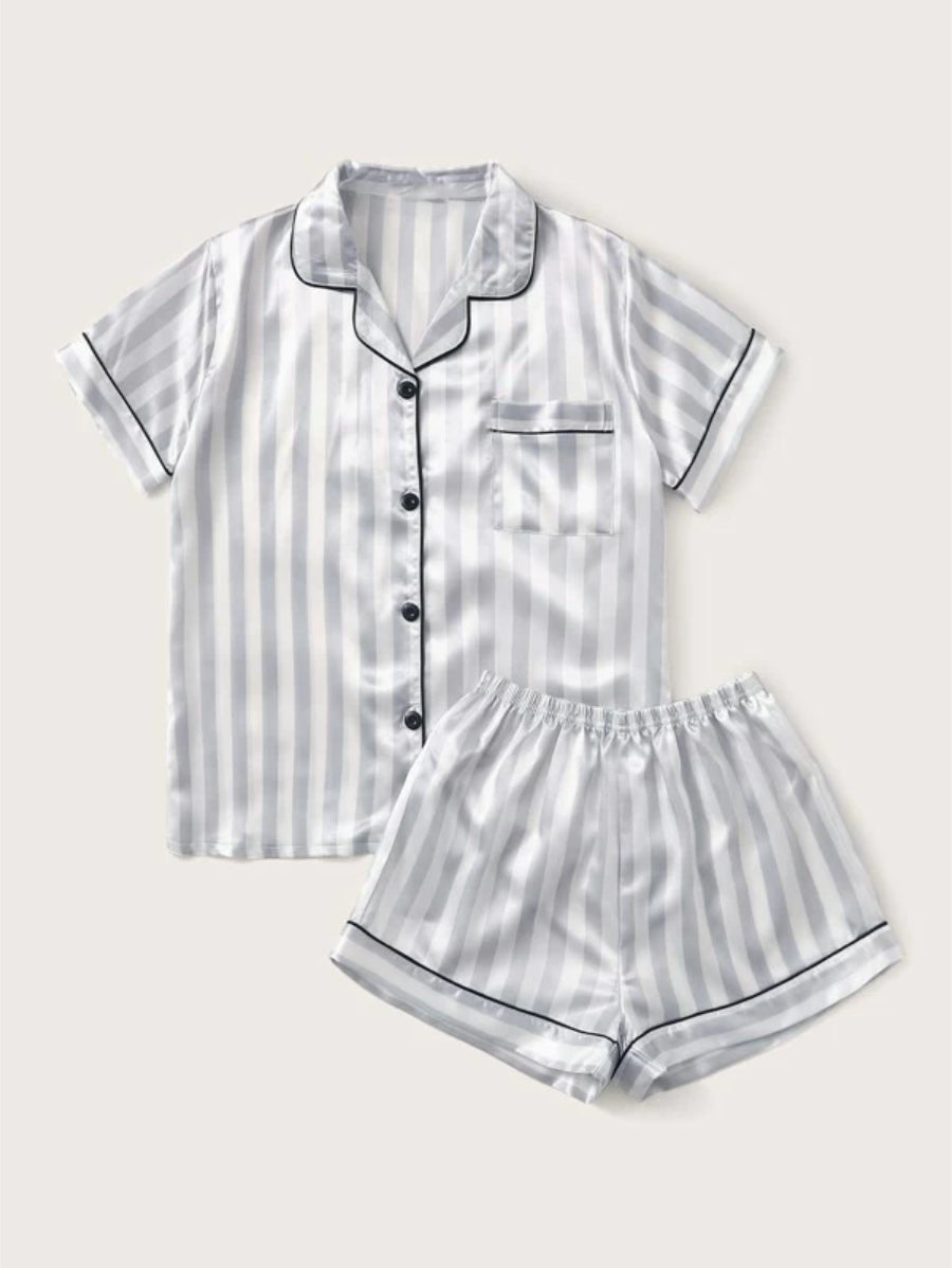 Striped Piping Trim Pocket Front Satin Set-Soco Hoodie