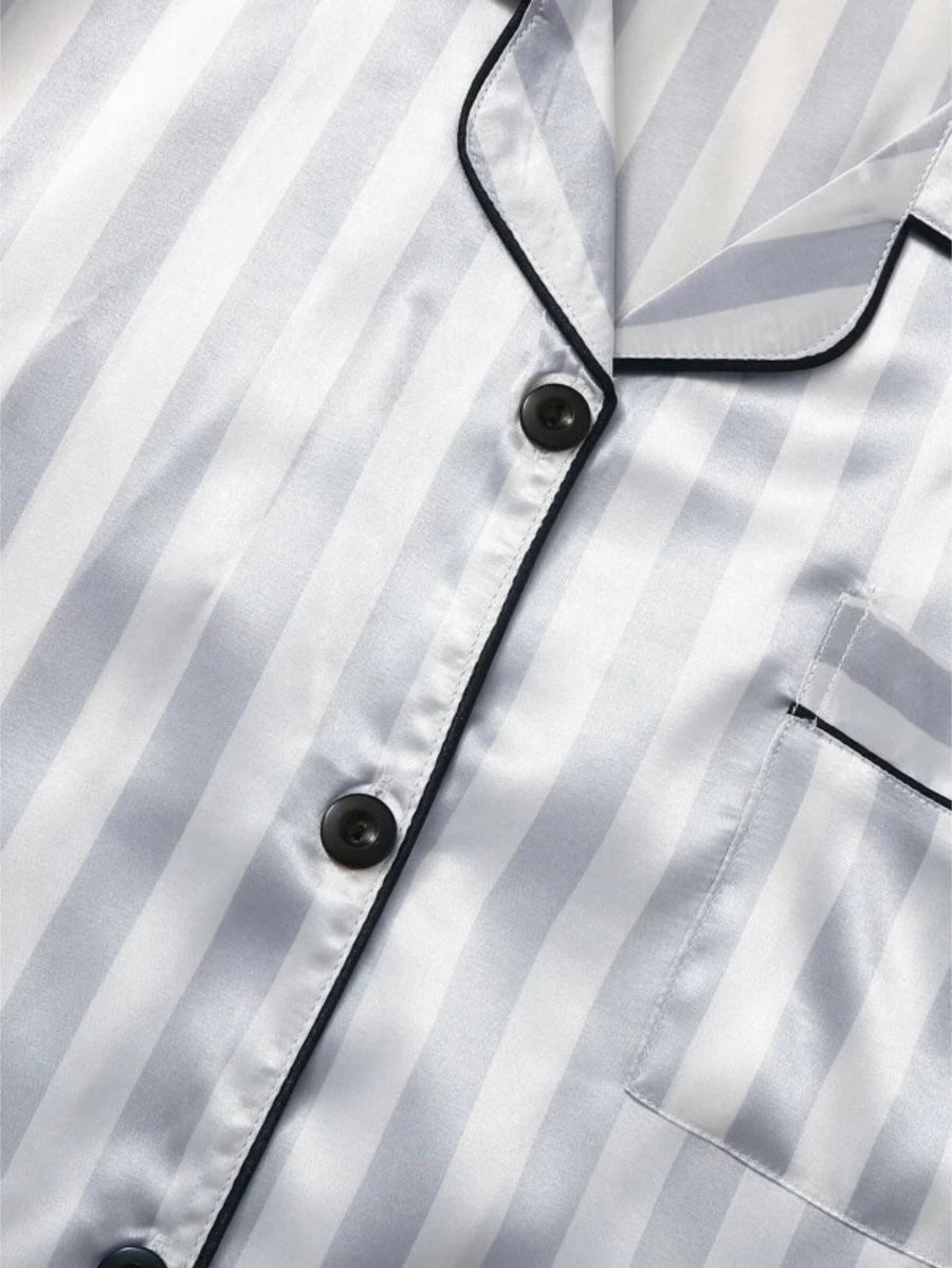 Striped Piping Trim Pocket Front Satin Set-Soco Hoodie