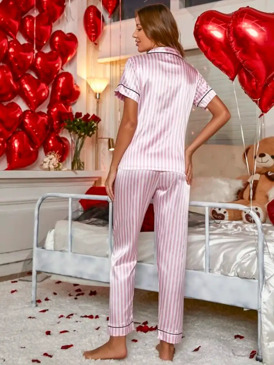 Striped Print Contrast Binding Satin Pajama Set-Soco Hoodie