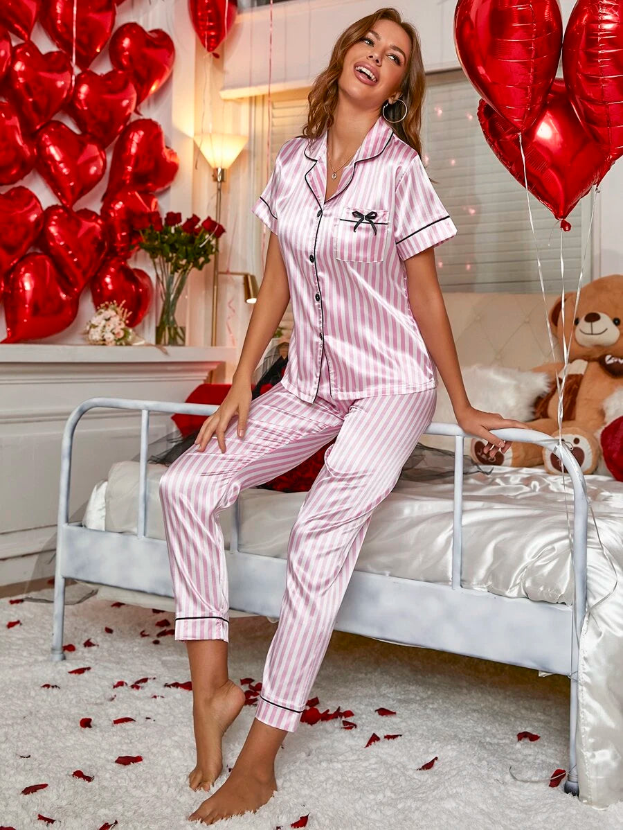 Striped Print Contrast Binding Satin Set-Soco Hoodie