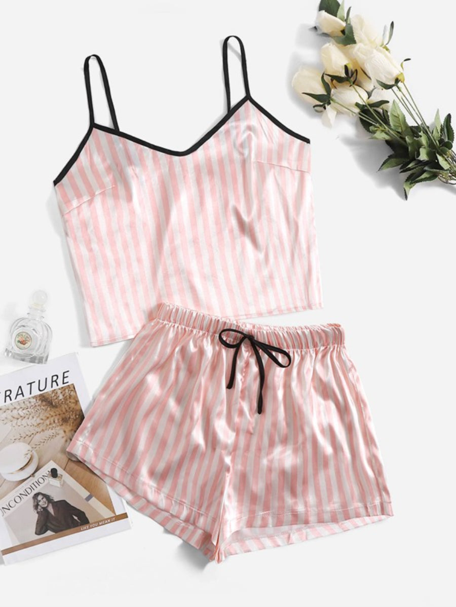 Striped Print Satin Cami Night Set-Soco Hoodie