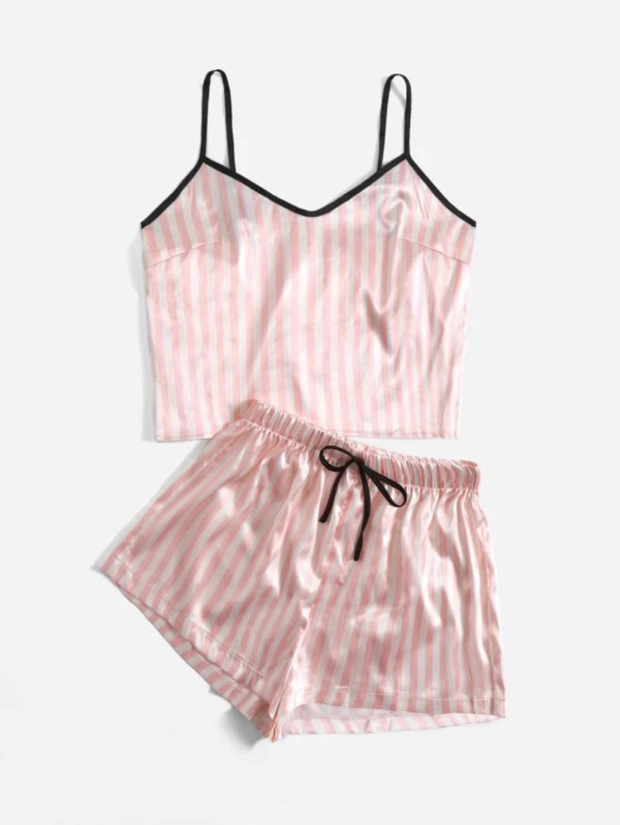Striped Print Satin Cami Night Set-Soco Hoodie