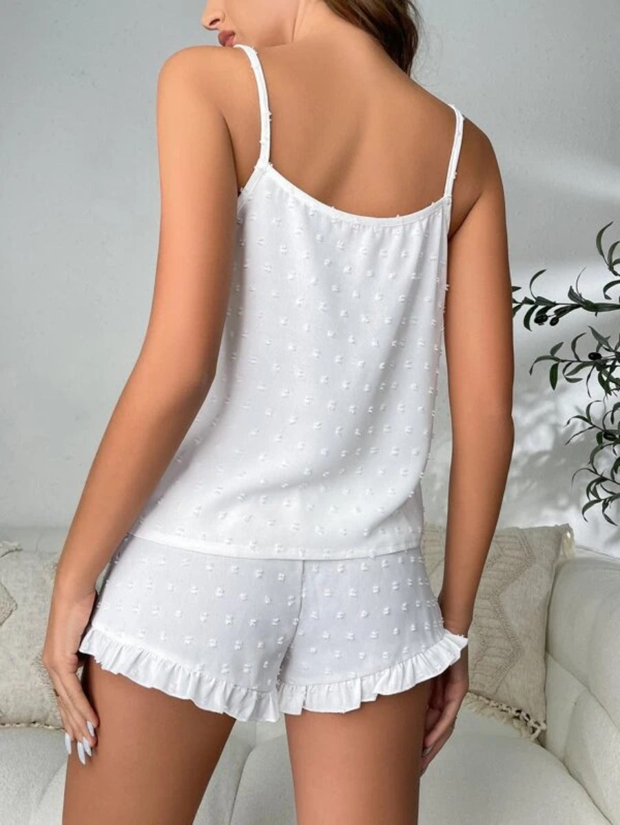 Swiss Dot Ruffle Hem Shorts Set-Soco Hoodie