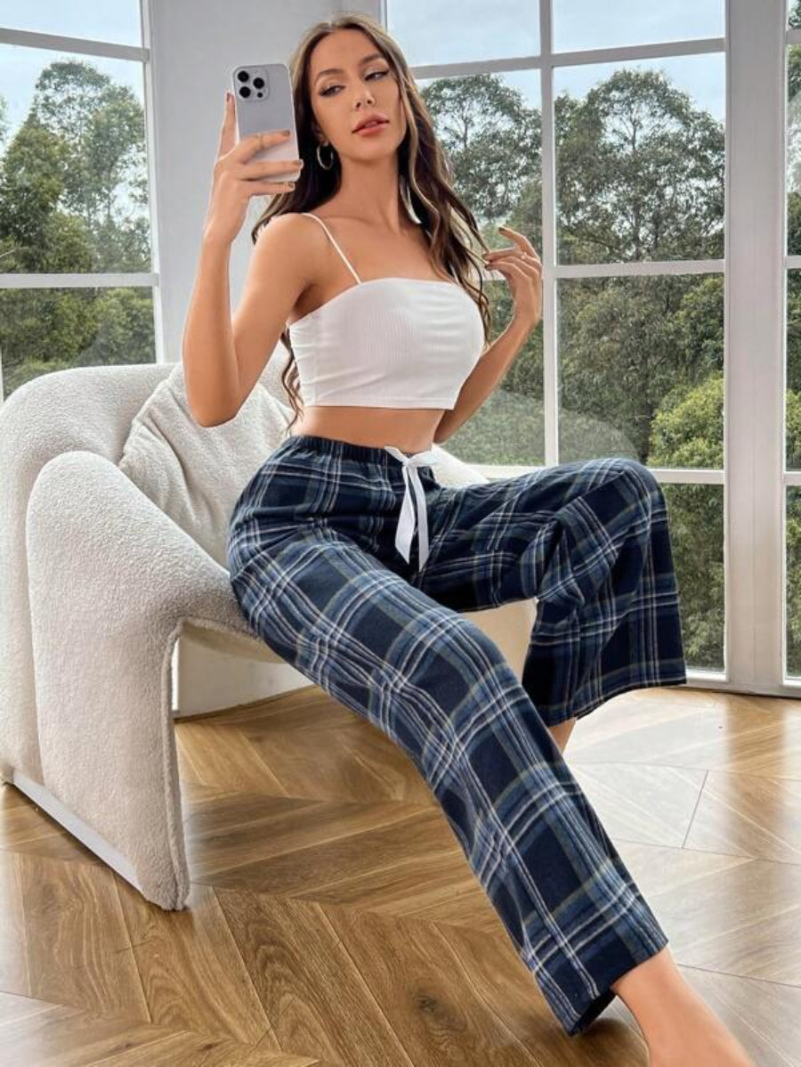 Tie Front Plaid Print Sleep Pants-Soco Hoodie
