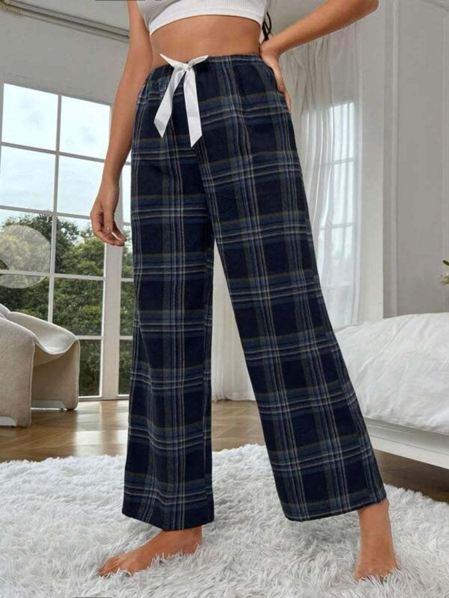 Tie Front Plaid Print Sleep Pants-Soco Hoodie
