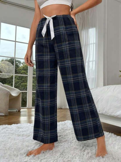 Tie Front Plaid Print Sleep Pants-Soco Hoodie