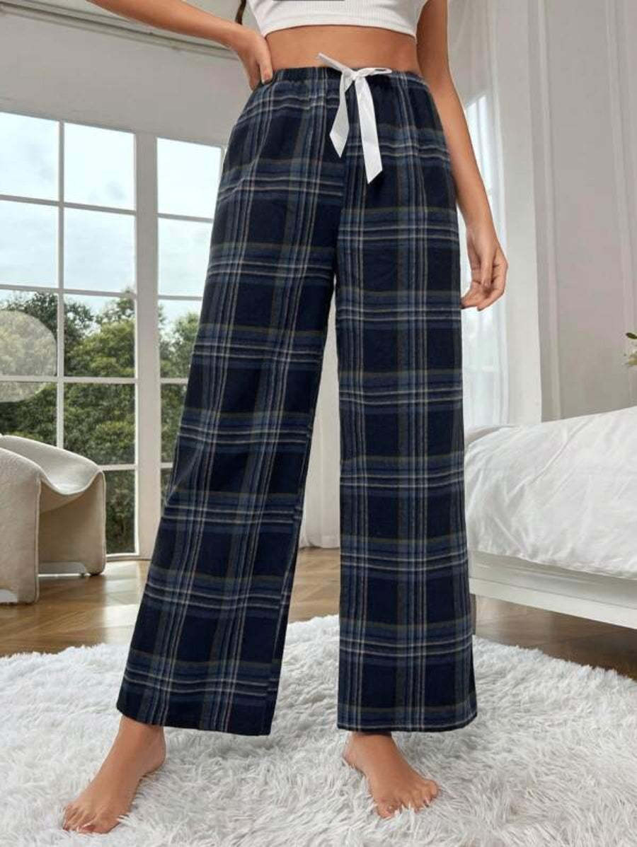 Tie Front Plaid Print Sleep Pants-Soco Hoodie