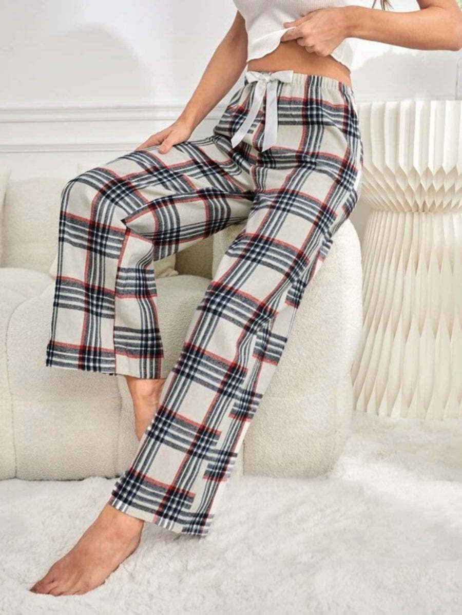 Tie Front Plaid Printed Sleep Pants-Soco Hoodie