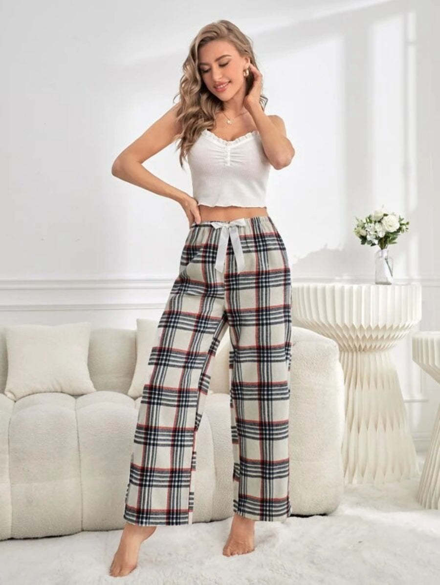 Tie Front Plaid Printed Sleep Pants-Soco Hoodie
