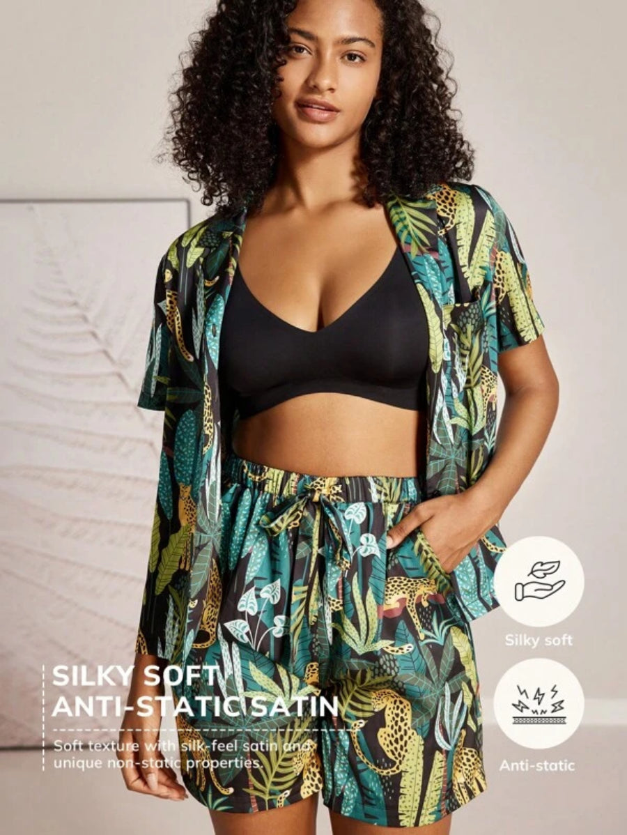 Tropical Drawstring Pocket Short Sets-Soco Hoodie