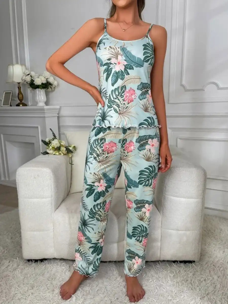 Tropical Print Cami Top And Pajama Set-Soco Hoodie