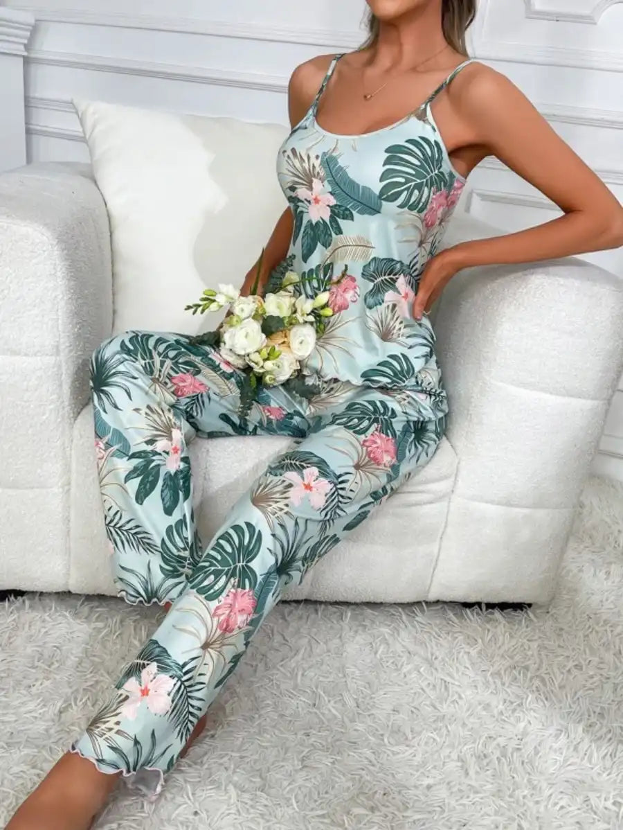 Tropical Print Cami Top And Pajama Set-Soco Hoodie