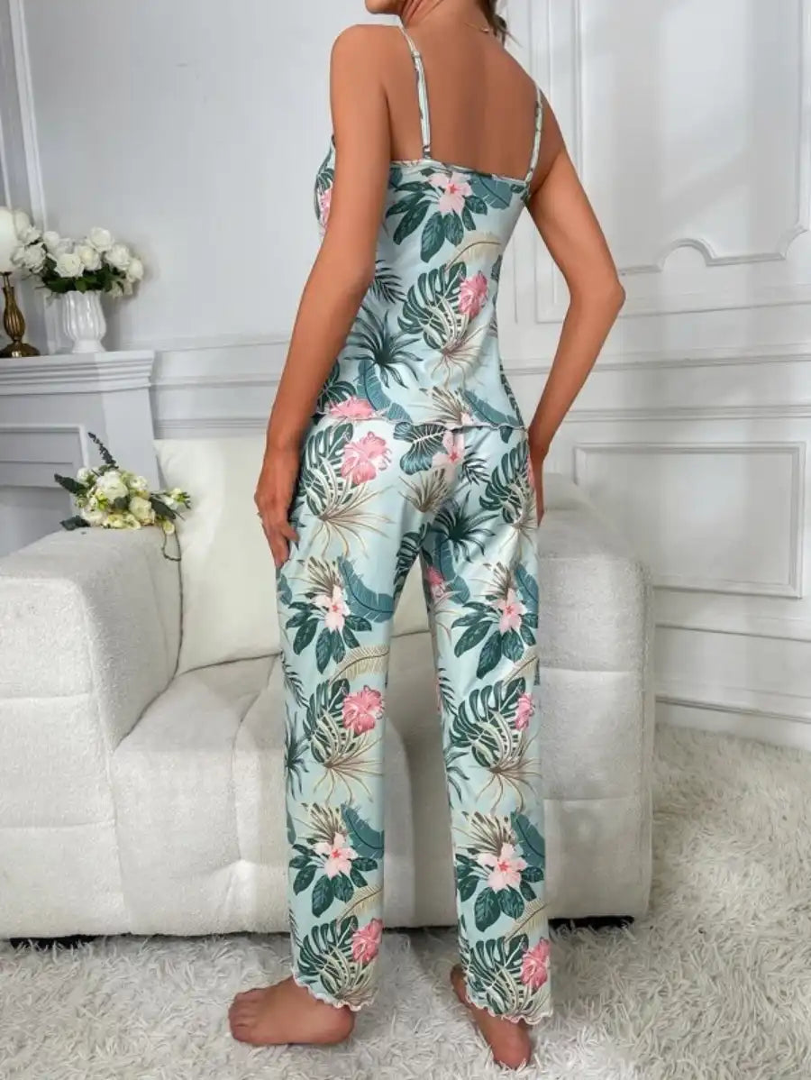Tropical Print Cami Top And Pajama Set-Soco Hoodie