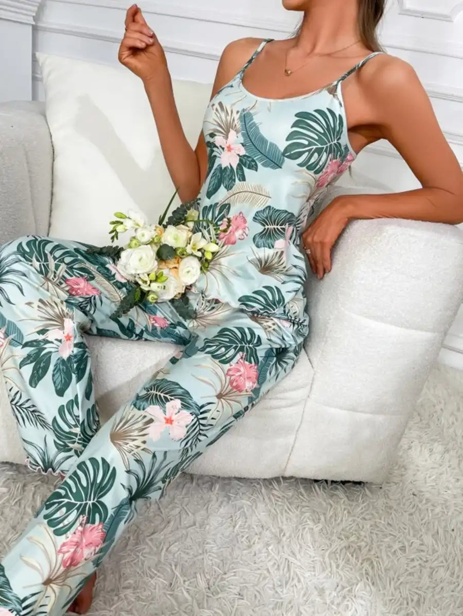 Tropical Print Cami Top And Pajama Set-Soco Hoodie