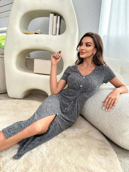 Twist Front Button Through Lounge Dress-Soco Hoodie