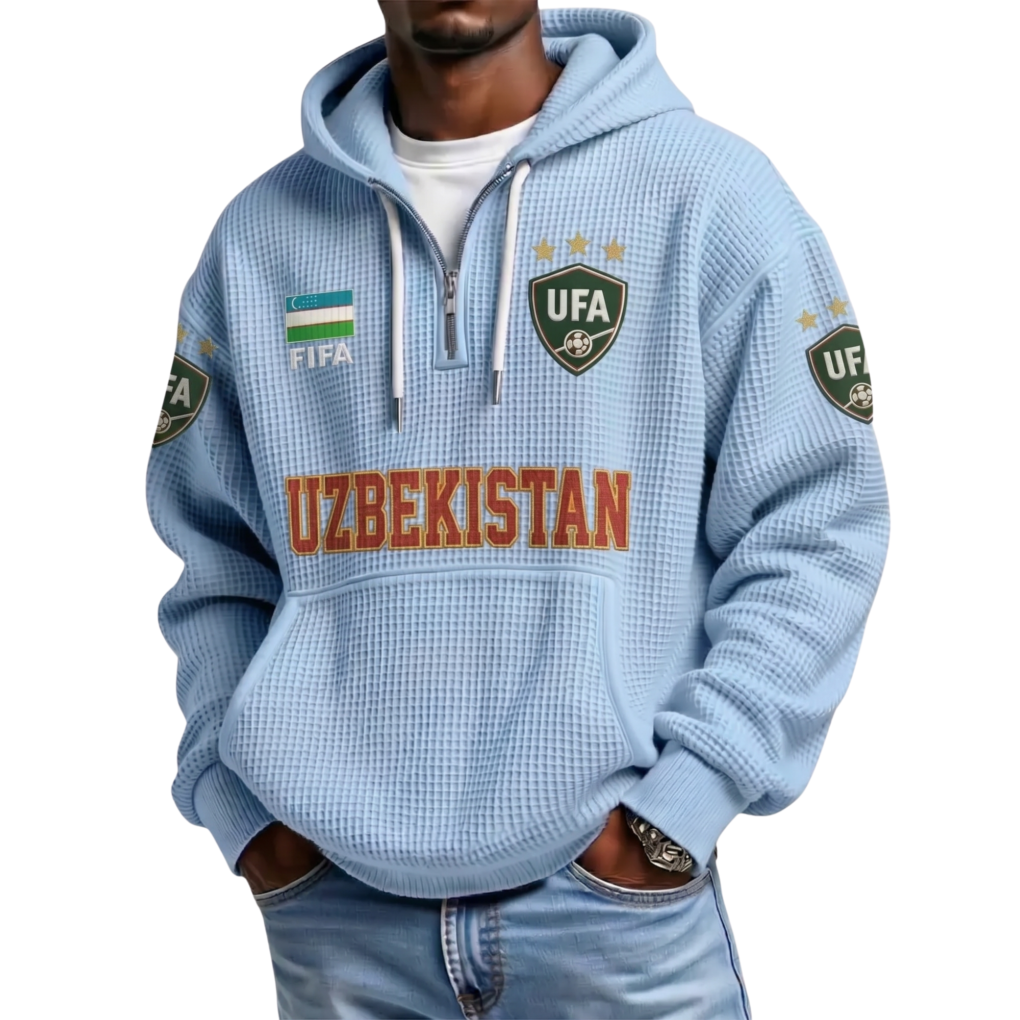 FIFA 2026 Uzbekistan Printed Waffle Quarter Zip Football Fan Hoodie