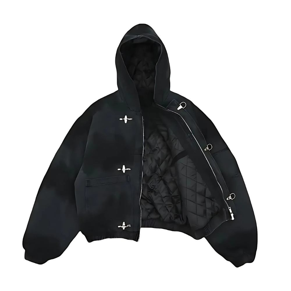 Zip Up Jacket With Adjustable Hood And Metal Toggle Closure