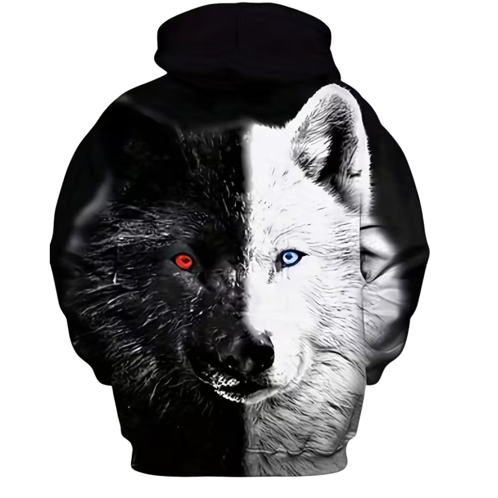 Casual Street Style Wolf Print Men Hoodie With Kangaroo Pockets