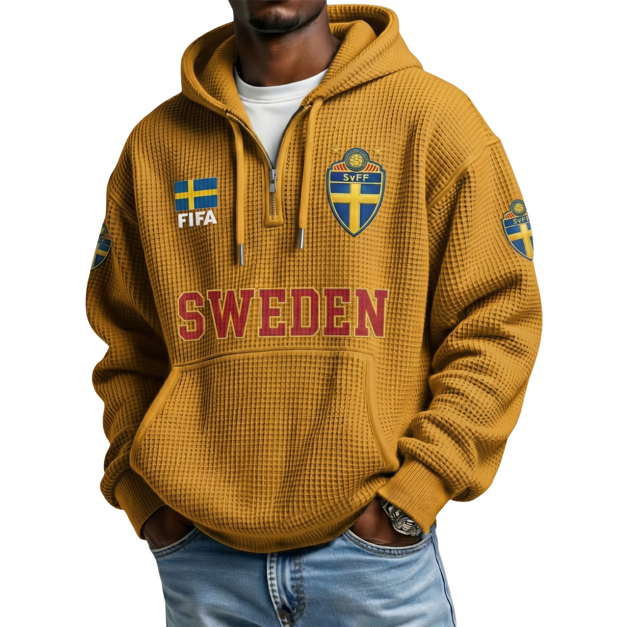 FIFA 2026 Sweden Printed Waffle Quarter Zip Football Fan Hoodie
