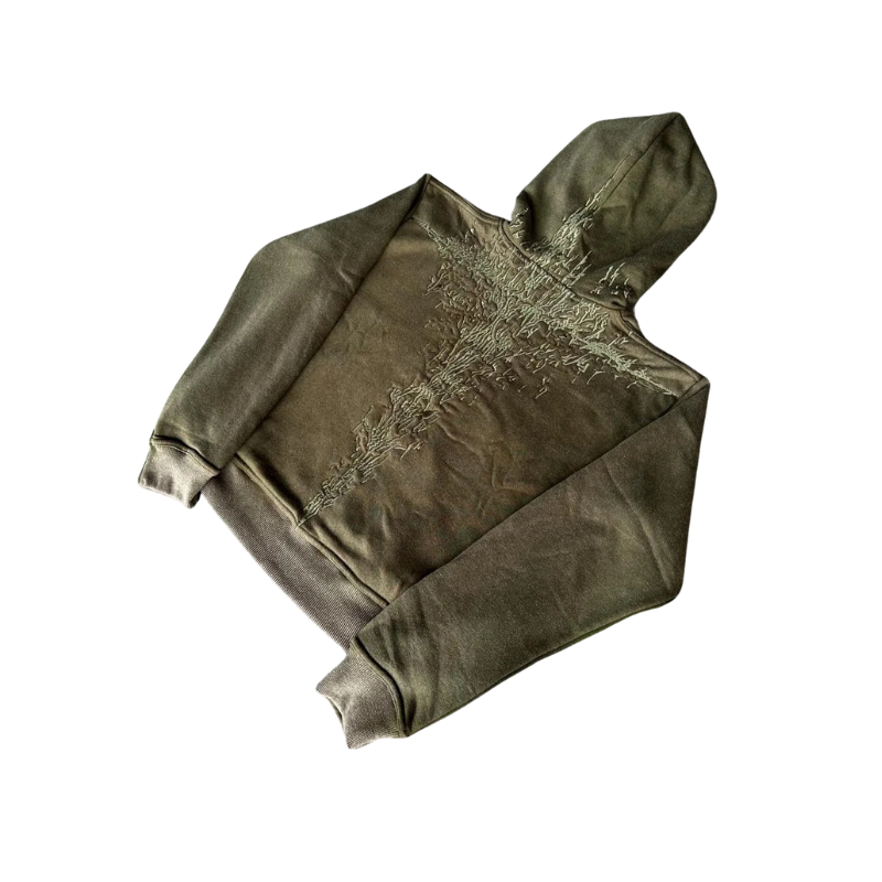 Hoodie With Abstract Embroidered Back Design Olive