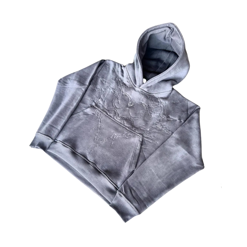 Hoodie With Abstract Embroidered Back Design Grey