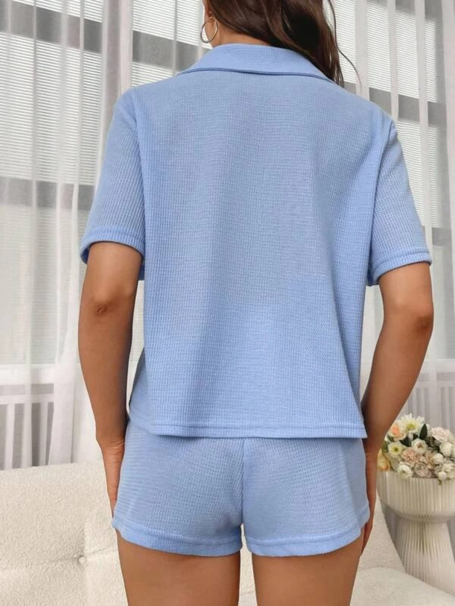 Waffle Knit Button Front Casual Lounge Set-Soco Hoodie