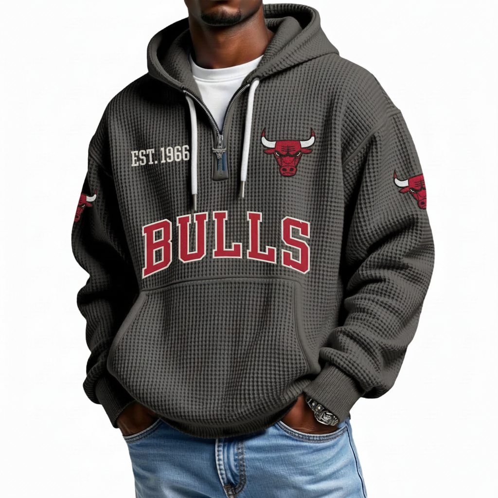 Chicago Bulls EST 1966 Printed Waffle Quarter Zip Basketball Fan Hoodie