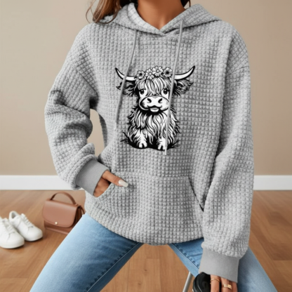 Waffle Knit Hoodie With Highland Cow Graphic For Women