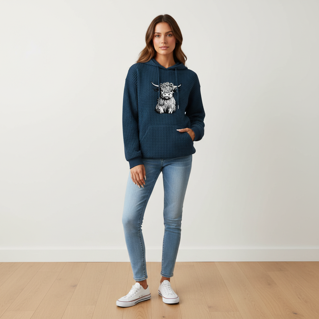 Waffle Knit Hoodie With Highland Cow Graphic For Women
