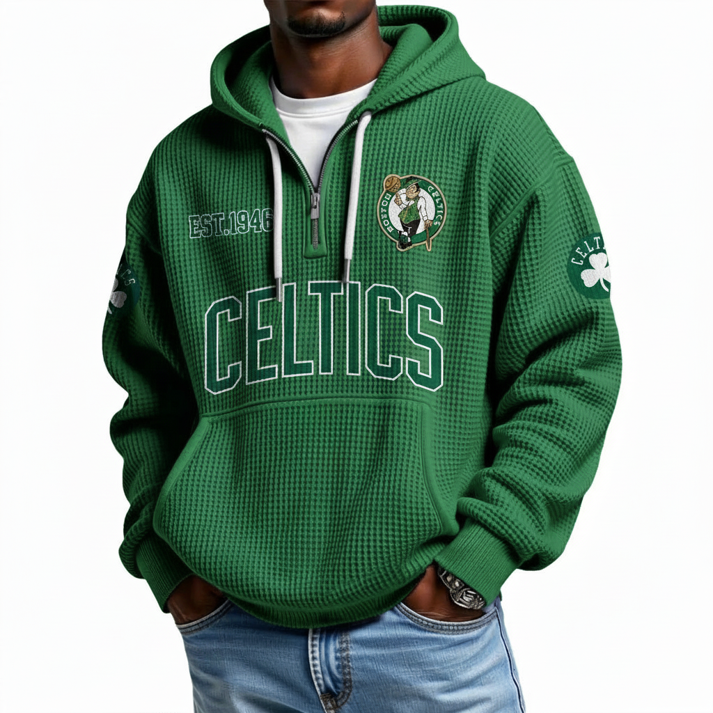 Boston Celtics EST 1946 Printed Waffle Quarter Zip Basketball Fan Hoodie