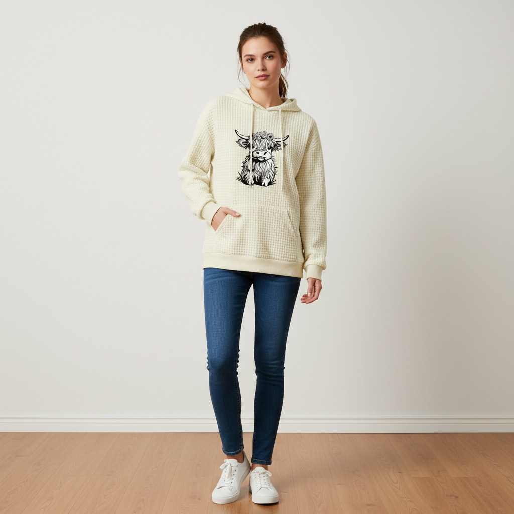 Waffle Knit Hoodie With Highland Cow Graphic For Women
