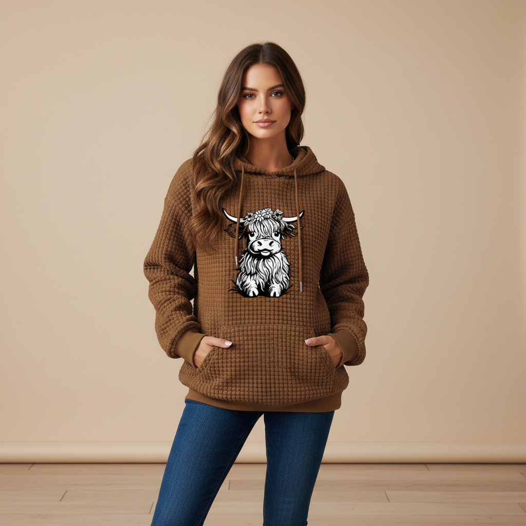Waffle Knit Hoodie With Highland Cow Graphic For Women