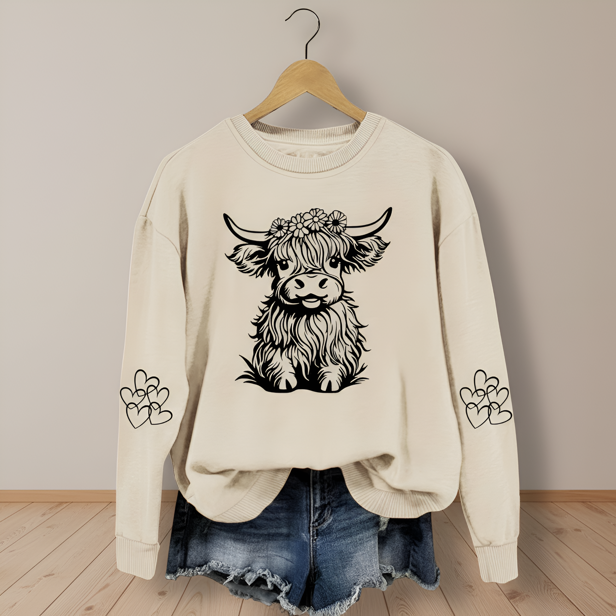 Cartoon Cow Print Casual Knit Sweatshirt