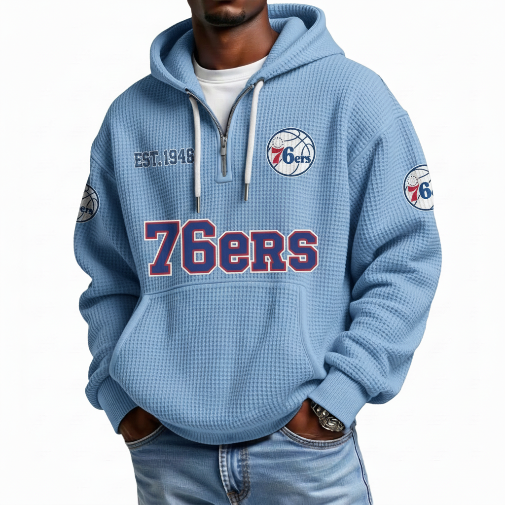 Philadelphia 76ers EST 1946 Printed Waffle Quarter Zip Basketball Fan Hoodie