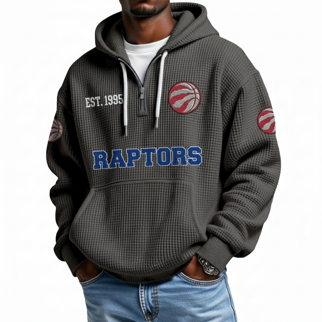 Toronto Raptors EST 1995 Printed Waffle Quarter Zip Basketball Fan Hoodie
