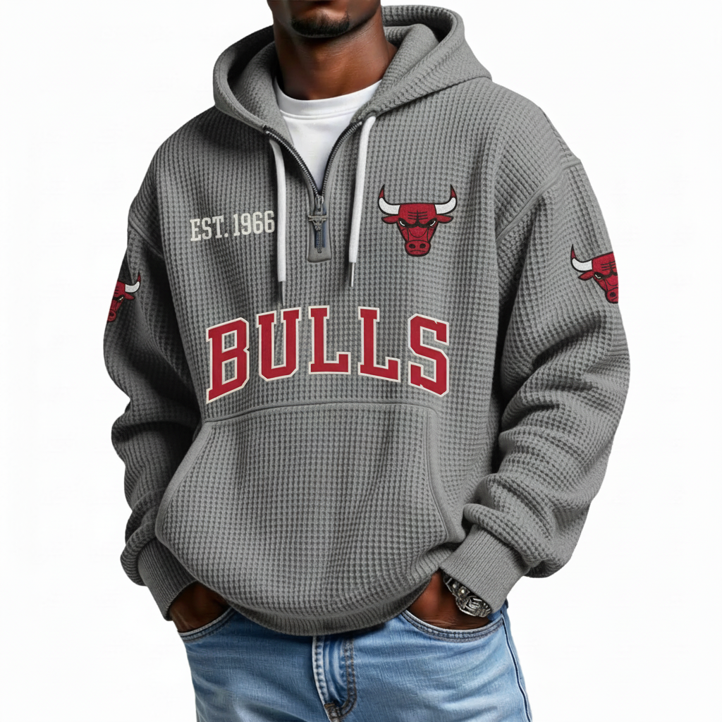 Chicago Bulls EST 1966 Printed Waffle Quarter Zip Basketball Fan Hoodie