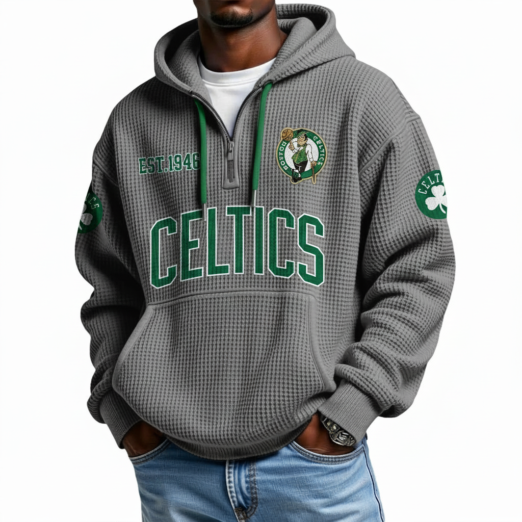 Boston Celtics EST 1946 Printed Waffle Quarter Zip Basketball Fan Hoodie