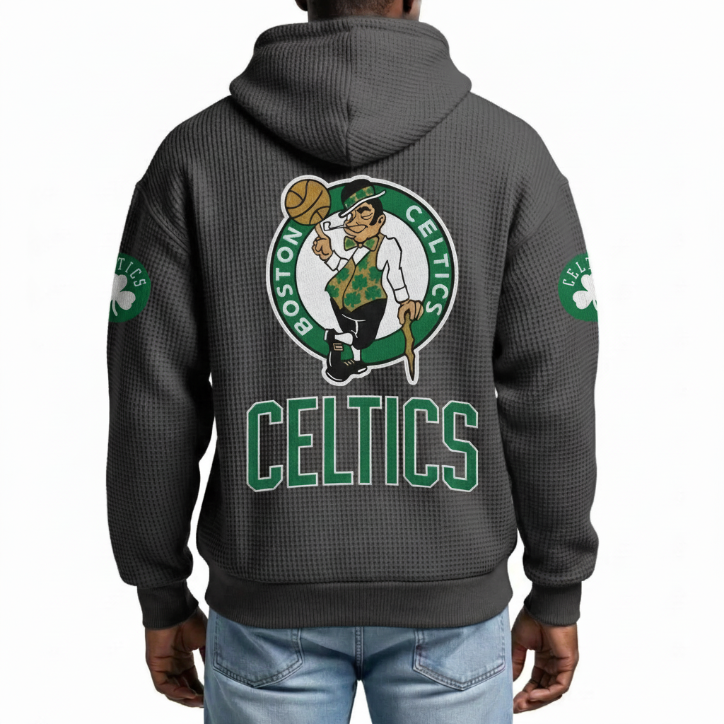 Boston Celtics EST 1946 Printed Waffle Quarter Zip Basketball Fan Hoodie