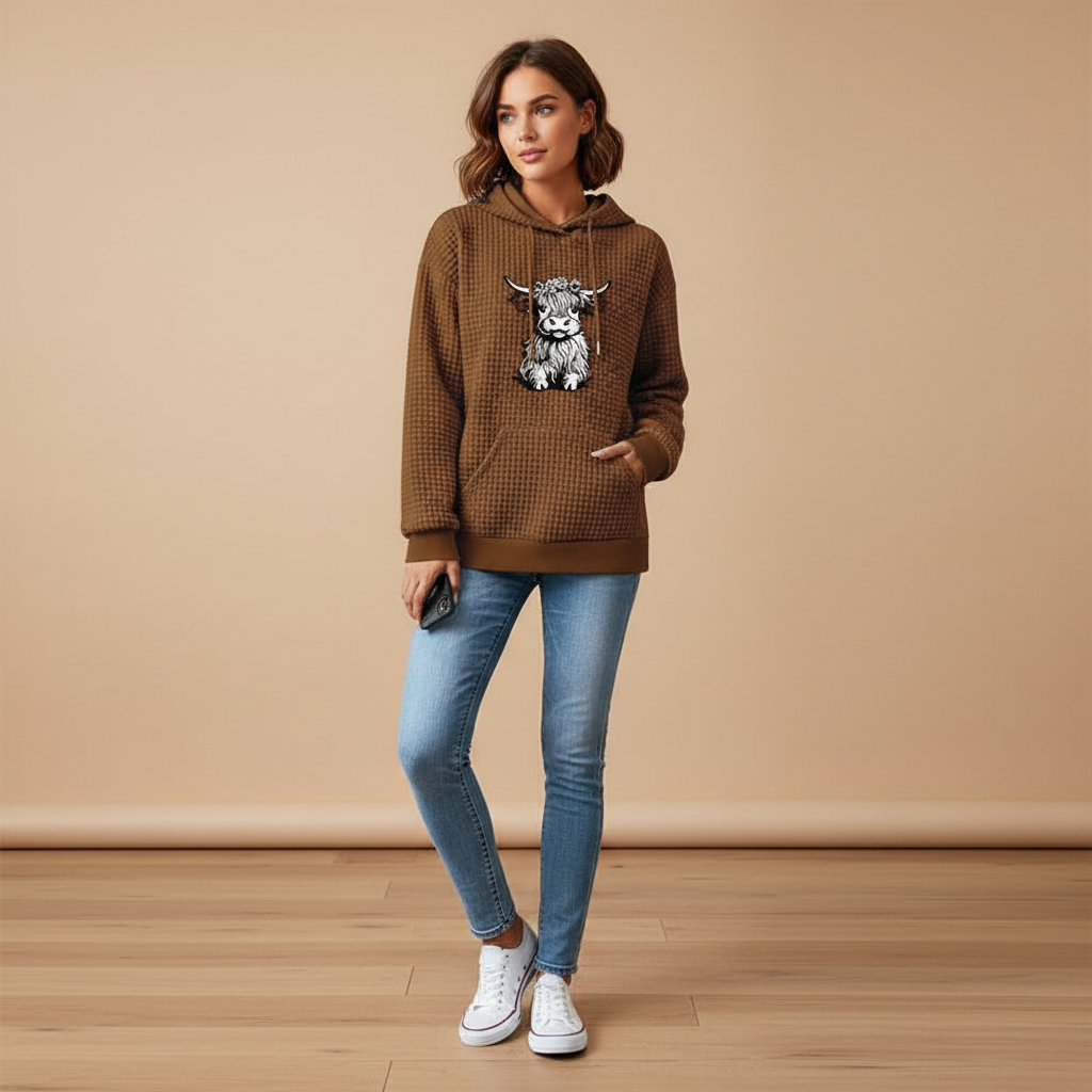 Waffle Knit Hoodie With Highland Cow Graphic For Women