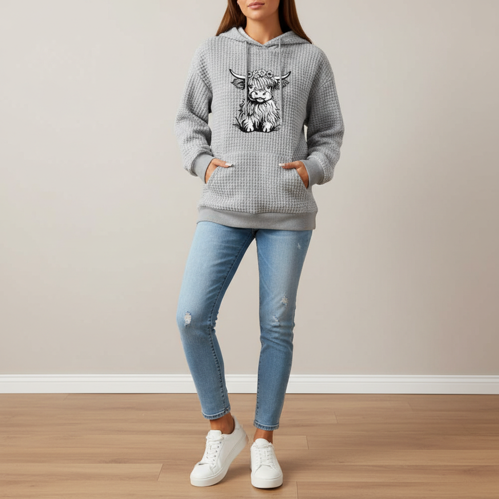 Waffle Knit Hoodie With Highland Cow Graphic For Women